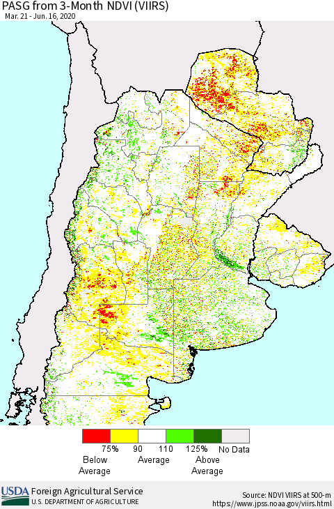 Southern South America PASG from 3-Month NDVI (VIIRS) Thematic Map For 6/11/2020 - 6/20/2020