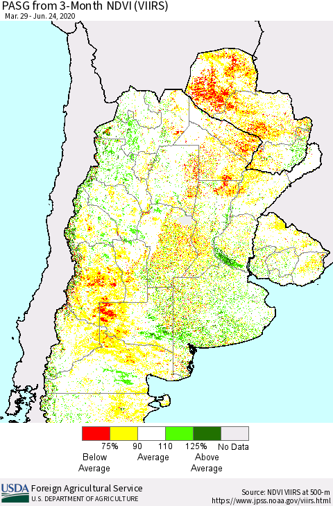 Southern South America PASG from 3-Month NDVI (VIIRS) Thematic Map For 6/21/2020 - 6/30/2020
