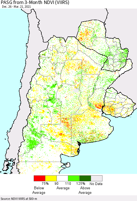 Southern South America PASG from 3-Month NDVI (VIIRS) Thematic Map For 3/14/2021 - 3/21/2021