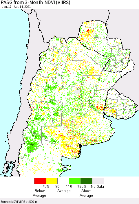 Southern South America PASG from 3-Month NDVI (VIIRS) Thematic Map For 4/7/2021 - 4/14/2021