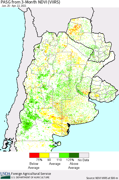 Southern South America PASG from 3-Month NDVI (VIIRS) Thematic Map For 4/15/2021 - 4/22/2021