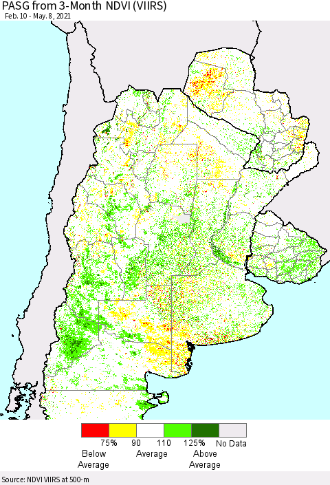 Southern South America PASG from 3-Month NDVI (VIIRS) Thematic Map For 5/1/2021 - 5/8/2021