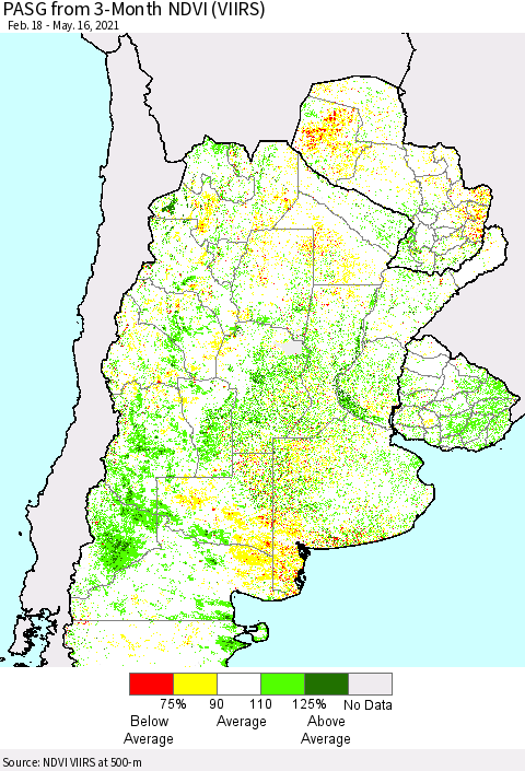Southern South America PASG from 3-Month NDVI (VIIRS) Thematic Map For 5/9/2021 - 5/16/2021