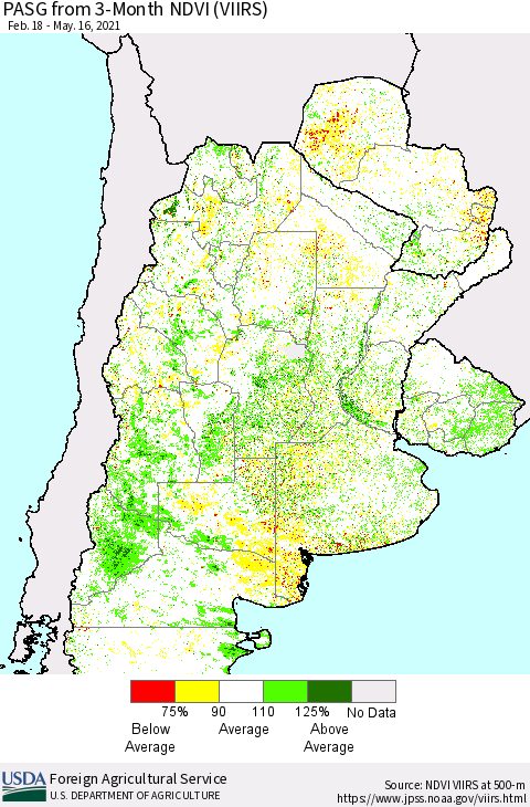 Southern South America PASG from 3-Month NDVI (VIIRS) Thematic Map For 5/11/2021 - 5/20/2021