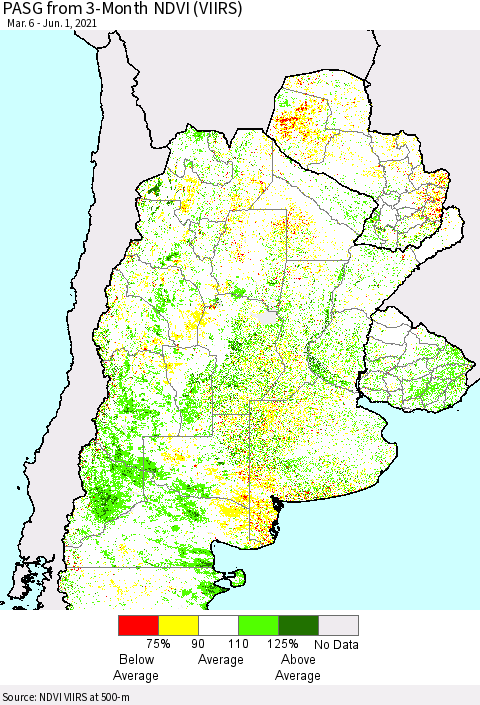 Southern South America PASG from 3-Month NDVI (VIIRS) Thematic Map For 5/25/2021 - 6/1/2021