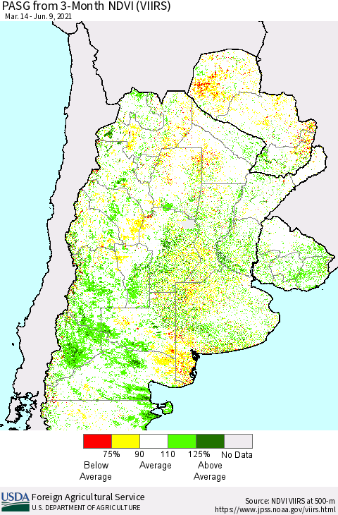 Southern South America PASG from 3-Month NDVI (VIIRS) Thematic Map For 6/1/2021 - 6/10/2021