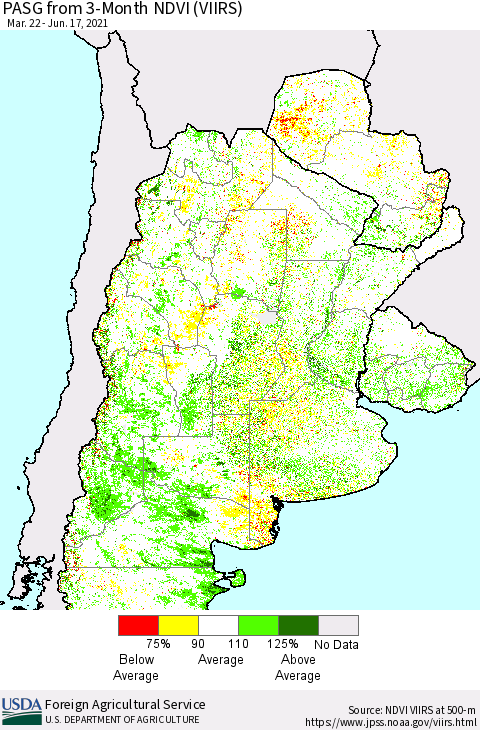 Southern South America PASG from 3-Month NDVI (VIIRS) Thematic Map For 6/11/2021 - 6/20/2021