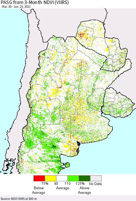 Southern South America PASG from 3-Month NDVI (VIIRS) Thematic Map For 6/18/2021 - 6/25/2021
