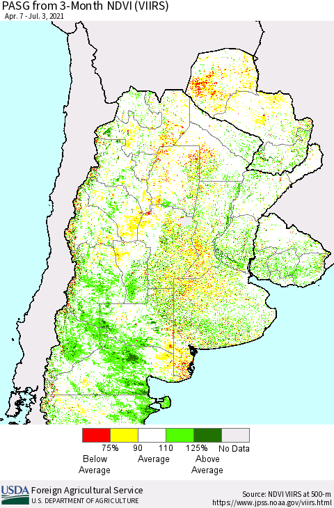 Southern South America PASG from 3-Month NDVI (VIIRS) Thematic Map For 7/1/2021 - 7/10/2021
