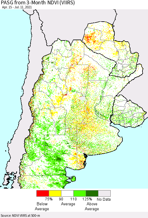 Southern South America PASG from 3-Month NDVI (VIIRS) Thematic Map For 7/4/2021 - 7/11/2021