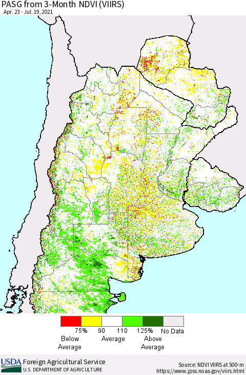 Southern South America PASG from 3-Month NDVI (VIIRS) Thematic Map For 7/11/2021 - 7/20/2021
