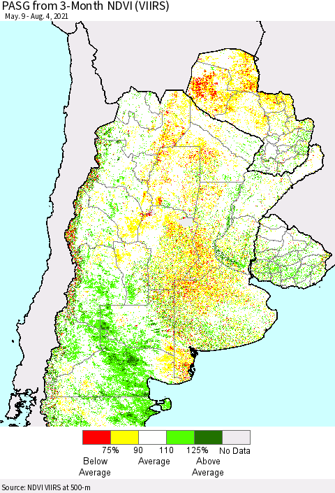Southern South America PASG from 3-Month NDVI (VIIRS) Thematic Map For 7/28/2021 - 8/4/2021