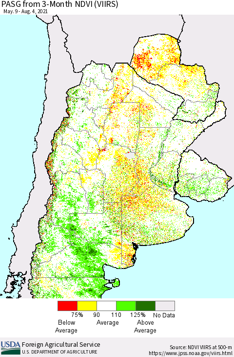 Southern South America PASG from 3-Month NDVI (VIIRS) Thematic Map For 8/1/2021 - 8/10/2021