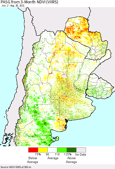 Southern South America PASG from 3-Month NDVI (VIIRS) Thematic Map For 8/21/2021 - 8/28/2021