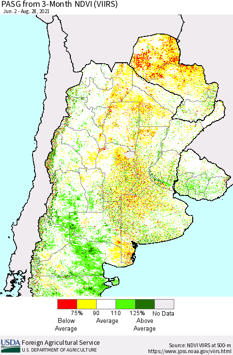Southern South America PASG from 3-Month NDVI (VIIRS) Thematic Map For 8/21/2021 - 8/31/2021