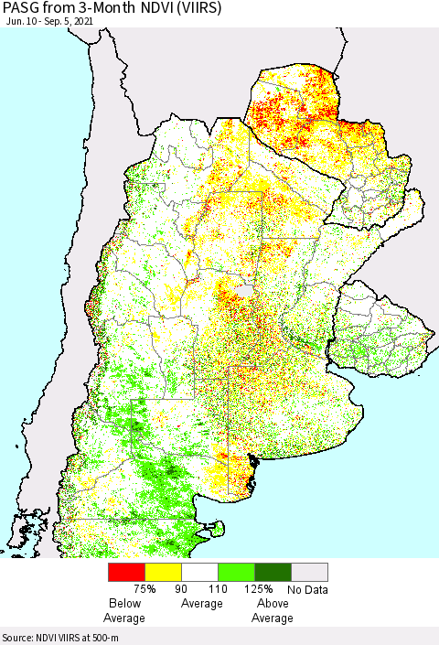 Southern South America PASG from 3-Month NDVI (VIIRS) Thematic Map For 8/29/2021 - 9/5/2021
