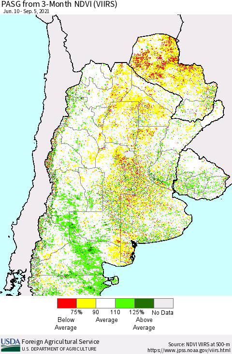 Southern South America PASG from 3-Month NDVI (VIIRS) Thematic Map For 9/1/2021 - 9/10/2021
