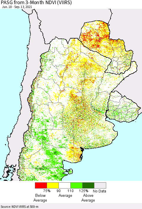 Southern South America PASG from 3-Month NDVI (VIIRS) Thematic Map For 9/6/2021 - 9/13/2021