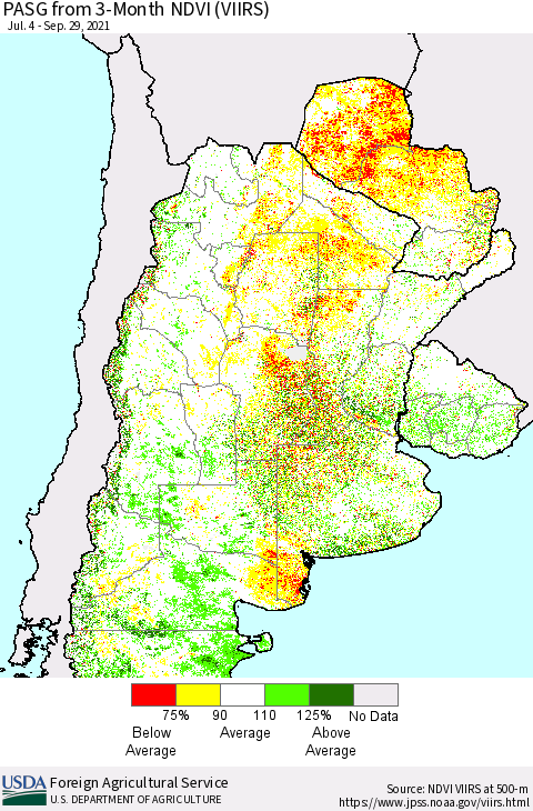 Southern South America PASG from 3-Month NDVI (VIIRS) Thematic Map For 9/21/2021 - 9/30/2021
