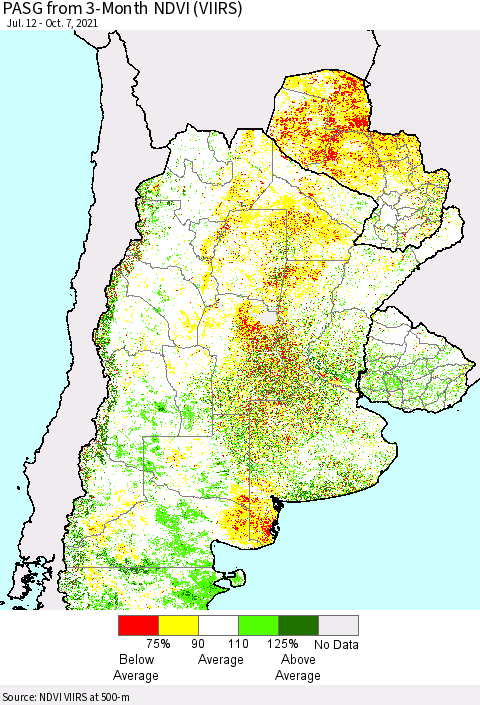 Southern South America PASG from 3-Month NDVI (VIIRS) Thematic Map For 9/30/2021 - 10/7/2021