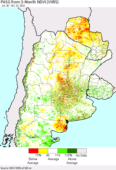 Southern South America PASG from 3-Month NDVI (VIIRS) Thematic Map For 10/8/2021 - 10/15/2021