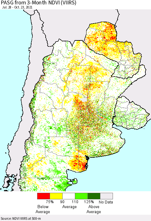 Southern South America PASG from 3-Month NDVI (VIIRS) Thematic Map For 10/16/2021 - 10/23/2021