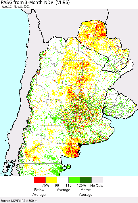 Southern South America PASG from 3-Month NDVI (VIIRS) Thematic Map For 11/1/2021 - 11/8/2021