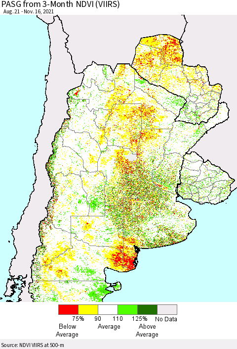Southern South America PASG from 3-Month NDVI (VIIRS) Thematic Map For 11/9/2021 - 11/16/2021