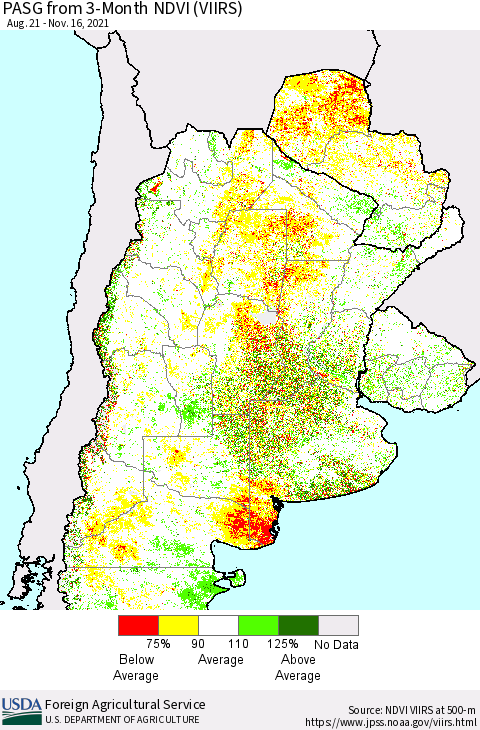 Southern South America PASG from 3-Month NDVI (VIIRS) Thematic Map For 11/11/2021 - 11/20/2021