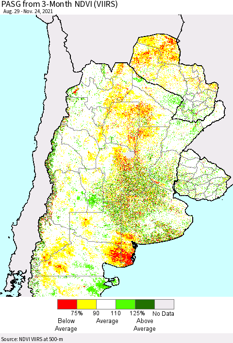 Southern South America PASG from 3-Month NDVI (VIIRS) Thematic Map For 11/17/2021 - 11/24/2021