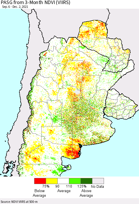 Southern South America PASG from 3-Month NDVI (VIIRS) Thematic Map For 11/25/2021 - 12/2/2021