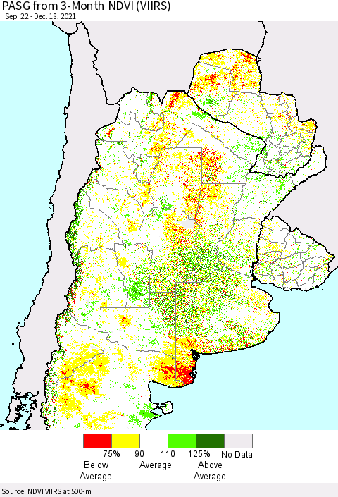 Southern South America PASG from 3-Month NDVI (VIIRS) Thematic Map For 12/11/2021 - 12/18/2021