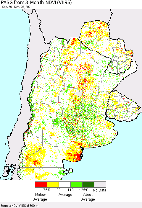 Southern South America PASG from 3-Month NDVI (VIIRS) Thematic Map For 12/26/2021 - 1/2/2022