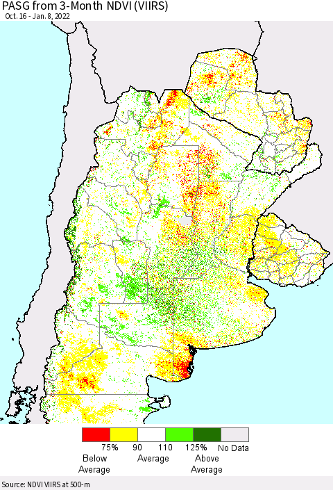 Southern South America PASG from 3-Month NDVI (VIIRS) Thematic Map For 1/1/2022 - 1/8/2022