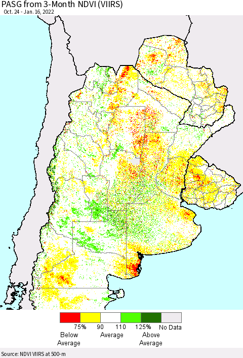 Southern South America PASG from 3-Month NDVI (VIIRS) Thematic Map For 1/9/2022 - 1/16/2022