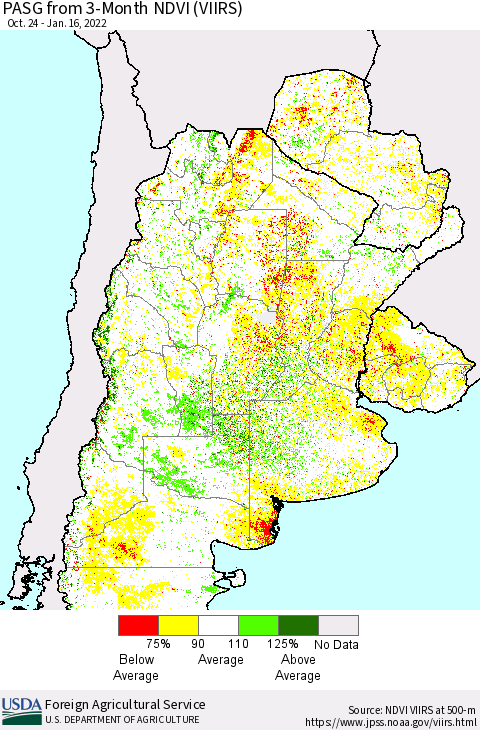 Southern South America PASG from 3-Month NDVI (VIIRS) Thematic Map For 1/11/2022 - 1/20/2022