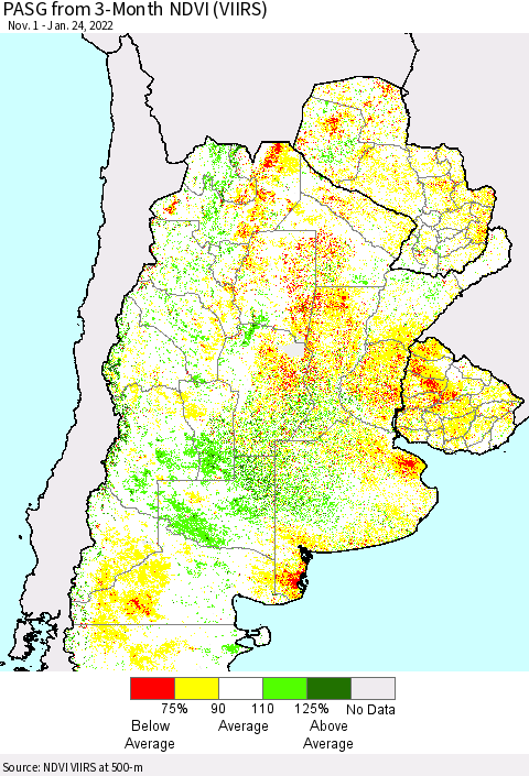Southern South America PASG from 3-Month NDVI (VIIRS) Thematic Map For 1/17/2022 - 1/24/2022