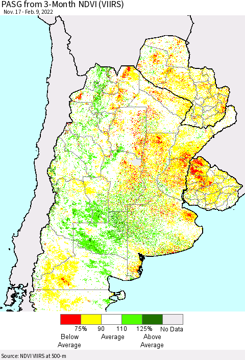 Southern South America PASG from 3-Month NDVI (VIIRS) Thematic Map For 2/2/2022 - 2/9/2022