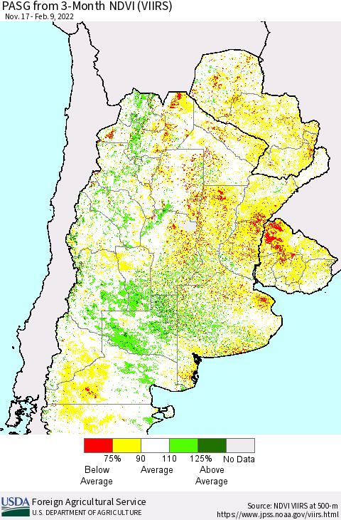 Southern South America PASG from 3-Month NDVI (VIIRS) Thematic Map For 2/1/2022 - 2/10/2022