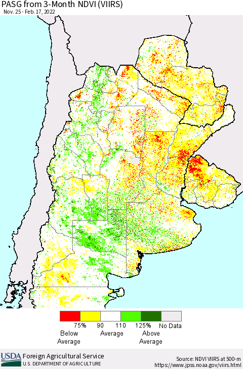 Southern South America PASG from 3-Month NDVI (VIIRS) Thematic Map For 2/11/2022 - 2/20/2022