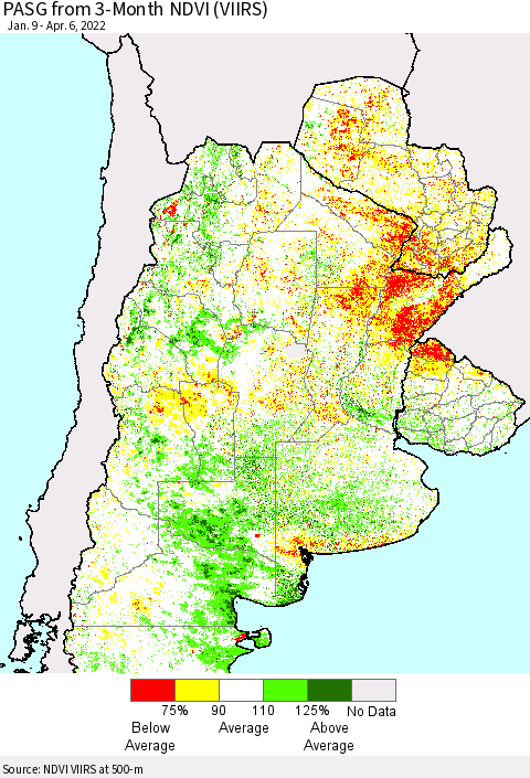 Southern South America PASG from 3-Month NDVI (VIIRS) Thematic Map For 3/30/2022 - 4/6/2022