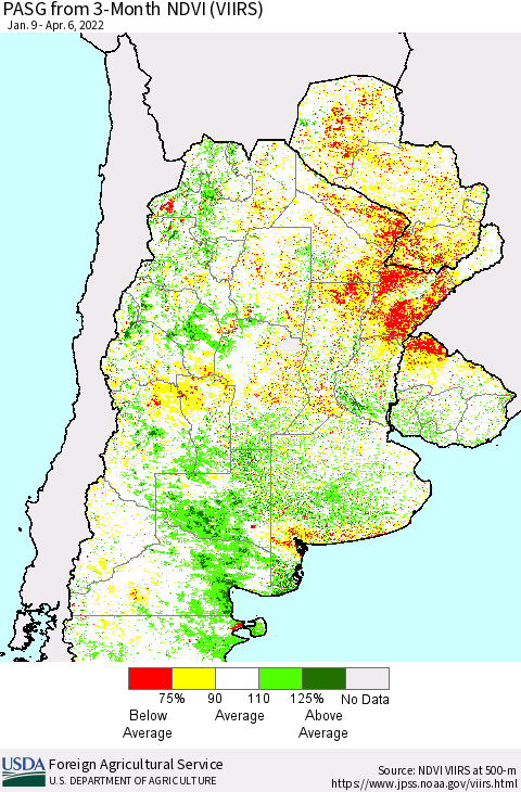 Southern South America PASG from 3-Month NDVI (VIIRS) Thematic Map For 4/1/2022 - 4/10/2022