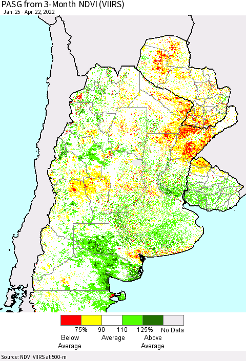 Southern South America PASG from 3-Month NDVI (VIIRS) Thematic Map For 4/15/2022 - 4/22/2022