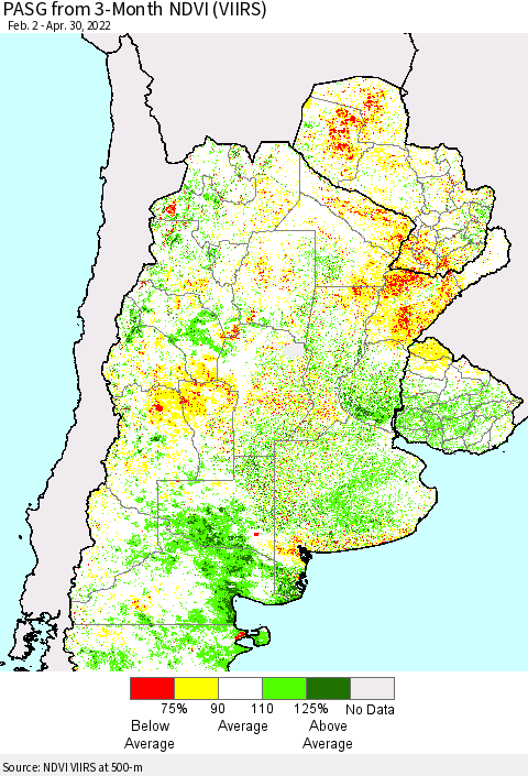 Southern South America PASG from 3-Month NDVI (VIIRS) Thematic Map For 4/21/2022 - 4/30/2022