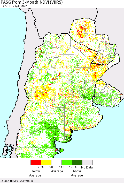 Southern South America PASG from 3-Month NDVI (VIIRS) Thematic Map For 5/1/2022 - 5/8/2022