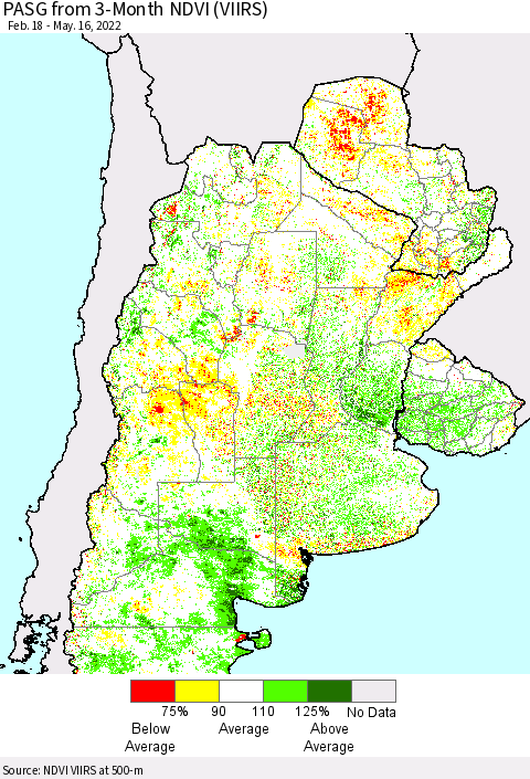 Southern South America PASG from 3-Month NDVI (VIIRS) Thematic Map For 5/9/2022 - 5/16/2022