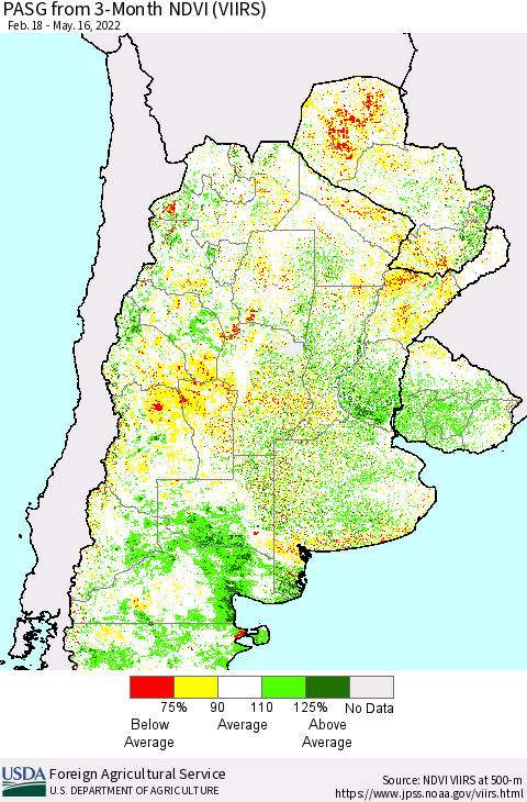 Southern South America PASG from 3-Month NDVI (VIIRS) Thematic Map For 5/11/2022 - 5/20/2022