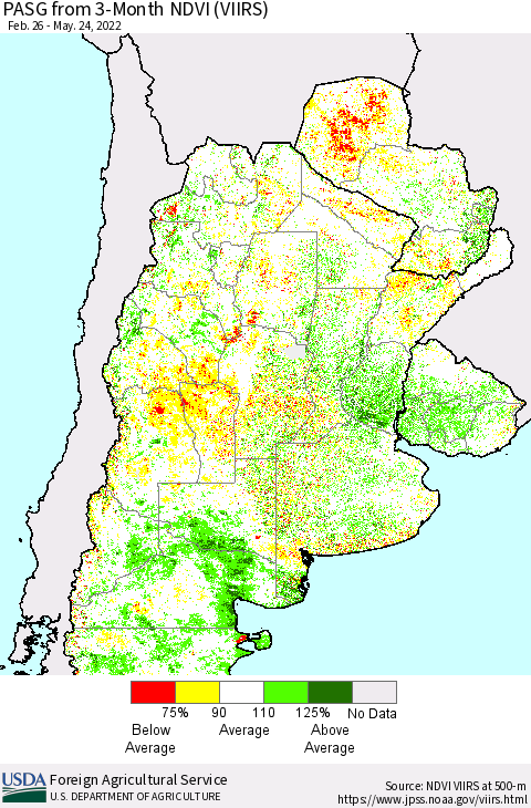 Southern South America PASG from 3-Month NDVI (VIIRS) Thematic Map For 5/21/2022 - 5/31/2022