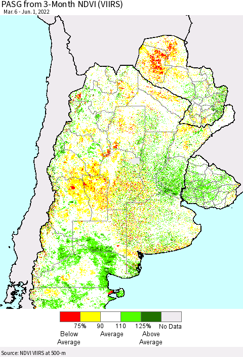 Southern South America PASG from 3-Month NDVI (VIIRS) Thematic Map For 5/25/2022 - 6/1/2022
