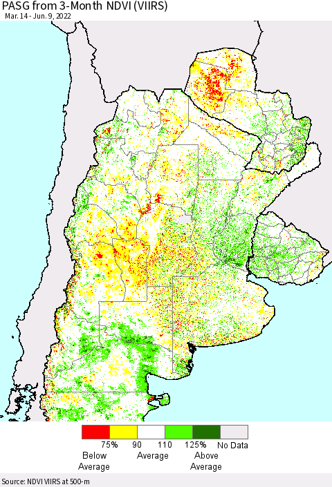 Southern South America PASG from 3-Month NDVI (VIIRS) Thematic Map For 6/2/2022 - 6/9/2022